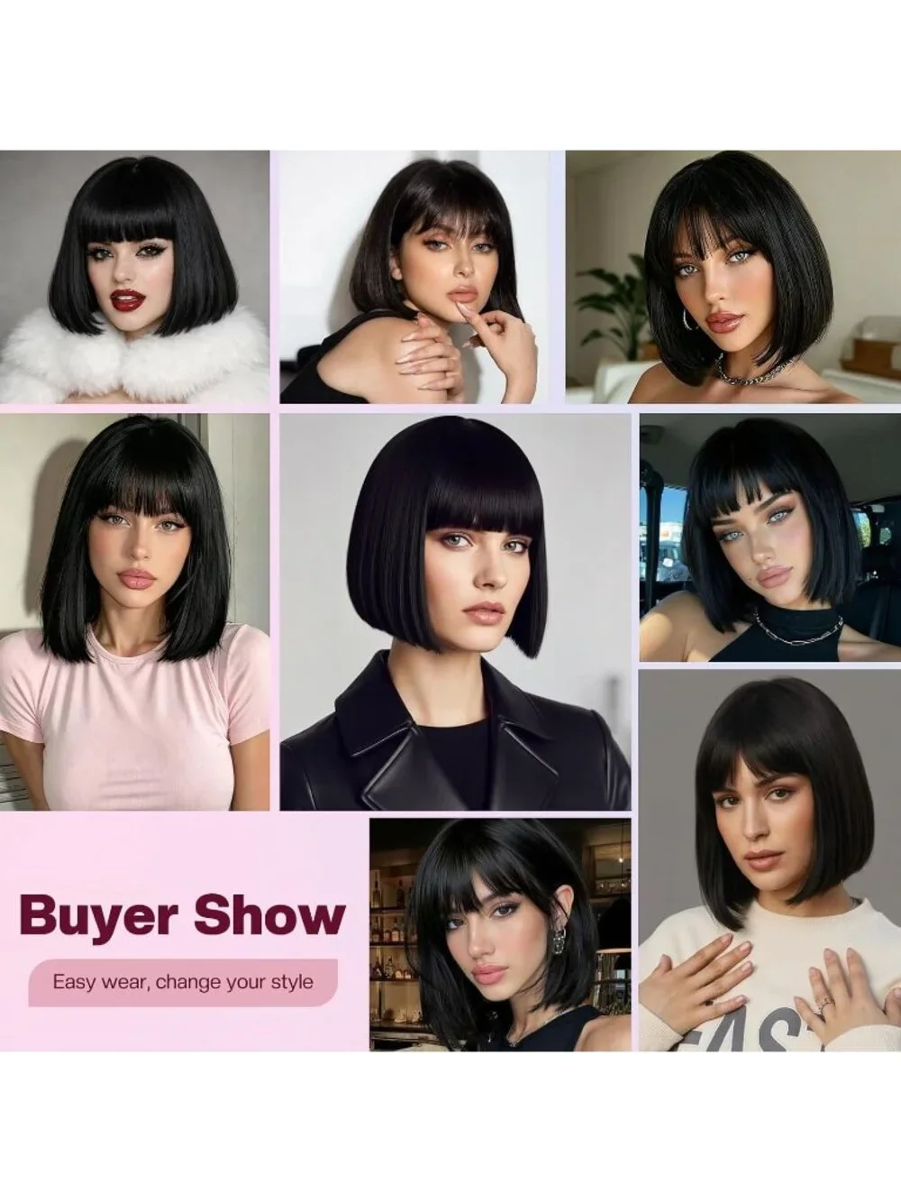 Women's Black 11 Inch Heat Resistant Synthetic Short Straight Wigs Bangs